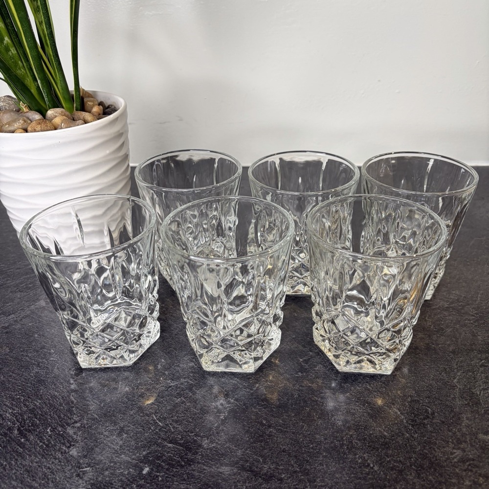 6 Cut Glass Diamond Hexagon Double Old Fashioned Whiskey Glasses 4"